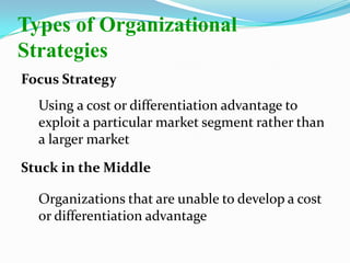 Focus Strategy
Using a cost or differentiation advantage to
exploit a particular market segment rather than
a larger market
Stuck in the Middle
Organizations that are unable to develop a cost
or differentiation advantage
Types of Organizational
Strategies
 