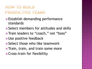 How to Build Productive TeamsEstablish demanding performance standardsSelect members for attitudes and skillsTrain leaders to “coach,” not “boss”Use positive feedbackSelect those who like teamworkTrain, train, and train some moreCross-train for flexibility