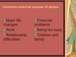Common external causes of stress

Major life
changes
Work
Relationship
difficulties

Financial
problems
Being too busy
Children and
family

 