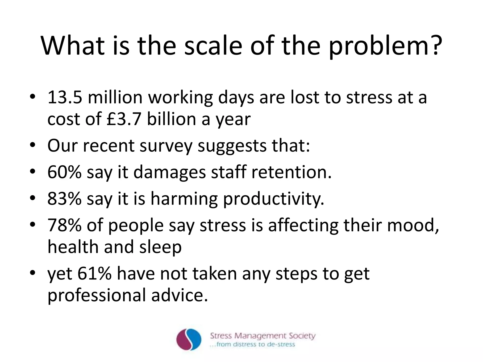 What is the scale of the problem?
• 13.5 million working days are lost to stress at a
cost of £3.7 billion a year
• Our recent survey suggests that:
• 60% say it damages staff retention.
• 83% say it is harming productivity.
• 78% of people say stress is affecting their mood,
health and sleep
• yet 61% have not taken any steps to get
professional advice.
 