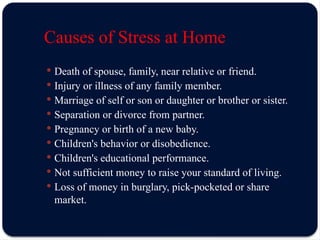 Causes of Stress at Home
 Death of spouse, family, near relative or friend.
 Injury or illness of any family member.
 Marriage of self or son or daughter or brother or sister.
 Separation or divorce from partner.
 Pregnancy or birth of a new baby.
 Children's behavior or disobedience.
 Children's educational performance.
 Not sufficient money to raise your standard of living.
 Loss of money in burglary, pick-pocketed or share
market.
 