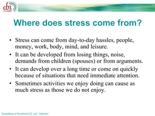 Where does stress come from?
      • Stress can come from day-to-day hassles, people,
        money, work, body, mind, and leisure.
      • It can be developed from losing things, noise,
        demands from children (spouses) or from arguments.
      • It can develop over a long time or come on quickly
        because of situations that need immediate attention.
      • Sometimes activities we enjoy doing can cause as
        much stress as those we do not enjoy.


Subsidiary of Sunshine C0.,Ltd., Vietnam
 