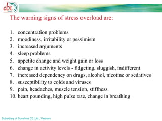The warning signs of stress overload are:

      1. concentration problems
      2. moodiness, irritability or pessimism
      3. increased arguments
      4. sleep problems
      5. appetite change and weight gain or loss
      6. change in activity levels - fidgeting, sluggish, indifferent
      7. increased dependency on drugs, alcohol, nicotine or sedatives
      8. susceptibility to colds and viruses
      9. pain, headaches, muscle tension, stiffness
      10. heart pounding, high pulse rate, change in breathing



Subsidiary of Sunshine C0.,Ltd., Vietnam
 