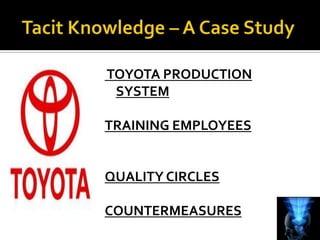 TOYOTA PRODUCTION
 SYSTEM

TRAINING EMPLOYEES


QUALITY CIRCLES

COUNTERMEASURES
 