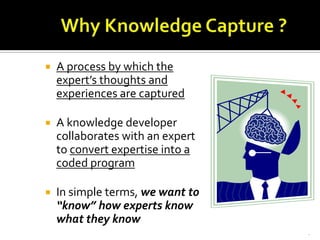    A process by which the
    expert’s thoughts and
    experiences are captured

   A knowledge developer
    collaborates with an expert
    to convert expertise into a
    coded program

   In simple terms, we want to
    “know” how experts know
    what they know
                                  .
 