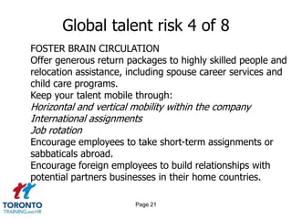 Page 19Global talent risk 2 of 8INTRODUCE STRATEGIC WORKFORCE PLANNINGDefine job families and future critical skills.Model workforce supply and demand with a five to ten year planning horizon.Undertake a gap analysis to uncover potential shortages and surpluses.Link workforce planning to the company’s business strategy. Systematically determine actions from gap analysis; develop skills database for potential job rotations.Inform employees of the skills they will need in future growth areas.