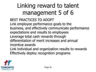 Page 33Linking reward to talent management 3 of 6BEST PRACTICES TO ADOPTDefine an organization-wide employee valueproposition (EVP) for attraction, retention, payand talent managementManage and design programs according to anorganization-wide total rewards philosophyPerform formal workforce planning activities thatoptimize the supply of talent versus demand