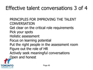 Page 46Effective talent conversations 1 of 4QUESTIONS TO ASKDo I have the right person in the job?Who are our rising stars and next generation leaders?Who should I promote?How do I get more out of …?Who is my successor?