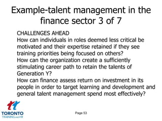 Page 51Example-talent management in the finance sector 1 of 7INTEGRATED TALENT MANAGEMENTDefinition of talentRecruitment and talent identificationCompetency frameworksTargeted developmentComprehensive learningStructured career pathsPerformance measurement and rewardOngoing review