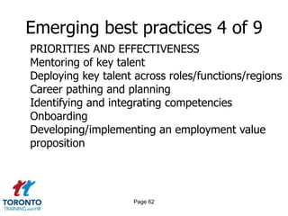 Page 60Emerging best practices 2 of 9TURNOVER RISKThose with skills in short supply and high demandHigh performersKey contributors/technical expertsThose with leadership potential at mid-levelThose with leadership potential at an entry levelThose in roles critical to delivering the business strategySenior leadershipThe entire workforce 
