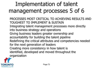Page 71Implementation of talent management processes 3 of 6Scaling and adapting talent strategies on a global basisIncreasing use of technology to streamline talent management processes and activitiesGiving managers self-service tools to source and deploy internal talentCreating an experience “punchlist” for critical roles and designing targeted career paths to ensureadequate succession
