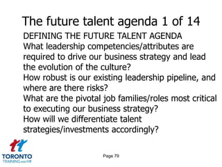 Page 77Making talent programs work 2 of 2Review the structure of the talent program/pool with the business sponsor-coaching, mentoring and networking are the elements most valued by senior talent pool membersDevelop ways of harnessing the peer group created as part of the talent program by creating opportunities beyond the lifespan of the program