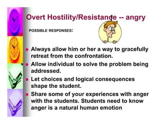 Overt Hostility/Resistance -- angry
    POSSIBLE RESPONSES:




   Always allow him or her a way to gracefully
    retreat from the confrontation.
   Allow individual to solve the problem being
    addressed.
   Let choices and logical consequences
    shape the student.
   Share some of your experiences with anger
    with the students. Students need to know
    anger is a natural human emotion
 