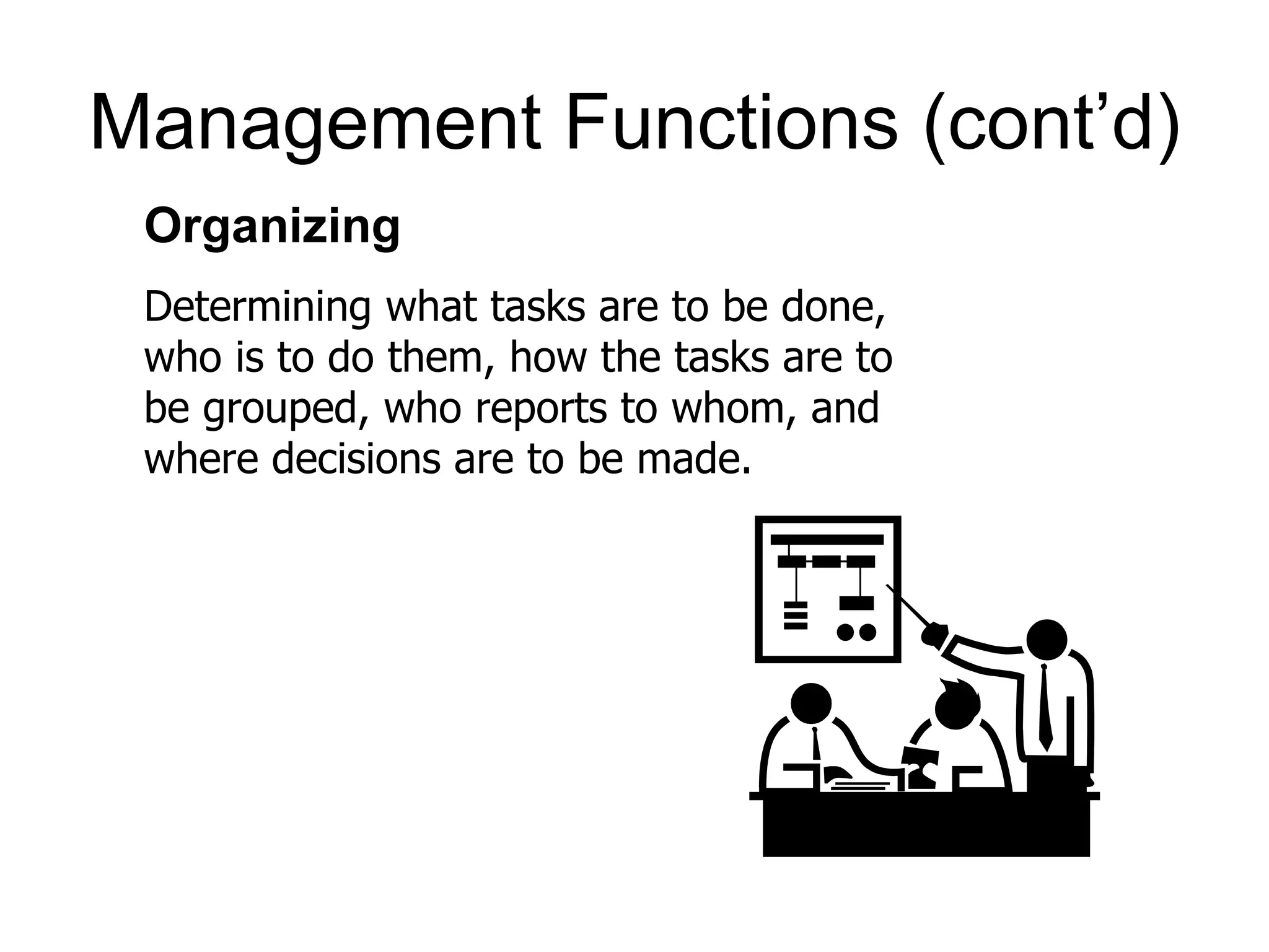 Management Functions (cont’d)
 Organizing
 Determining what tasks are to be done,
 who is to do them, how the tasks are to
 be grouped, who reports to whom, and
 where decisions are to be made.
 
