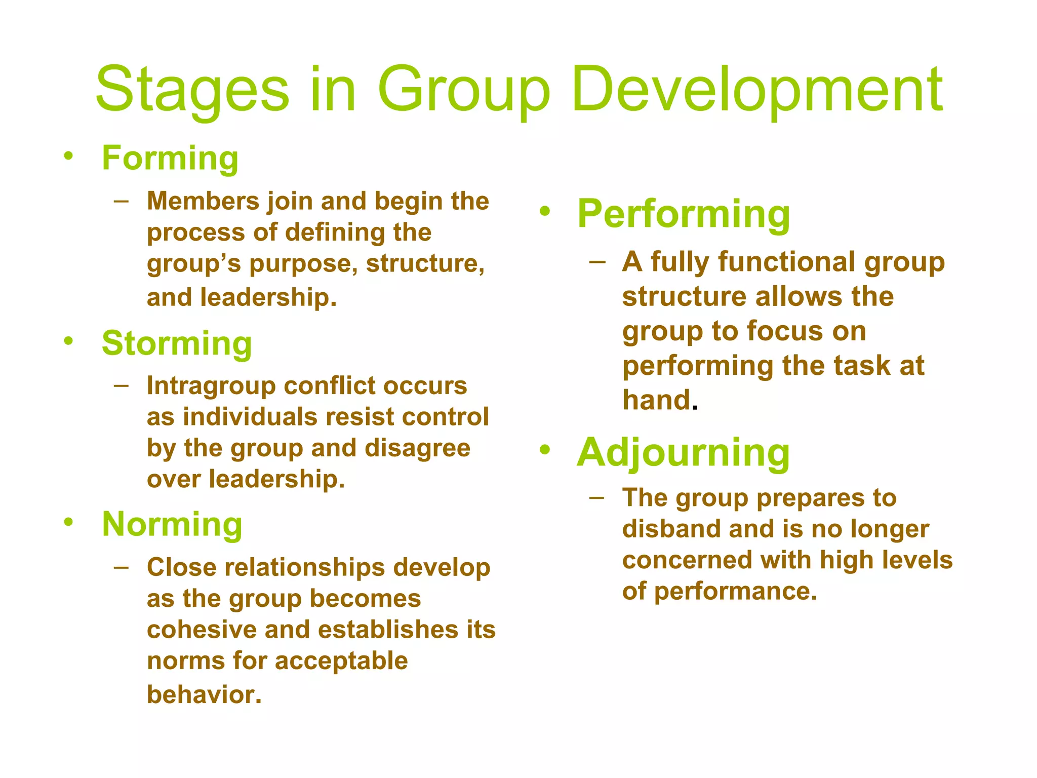 Stages in Group Development
• Forming
  – Members join and begin the
    process of defining the
                                    • Performing
    group’s purpose, structure,       – A fully functional group
    and leadership.                     structure allows the
• Storming                              group to focus on
                                        performing the task at
  – Intragroup conflict occurs
                                        hand.
    as individuals resist control
    by the group and disagree       • Adjourning
    over leadership.
                                      – The group prepares to
• Norming                               disband and is no longer
  – Close relationships develop         concerned with high levels
    as the group becomes                of performance.
    cohesive and establishes its
    norms for acceptable
    behavior.
 