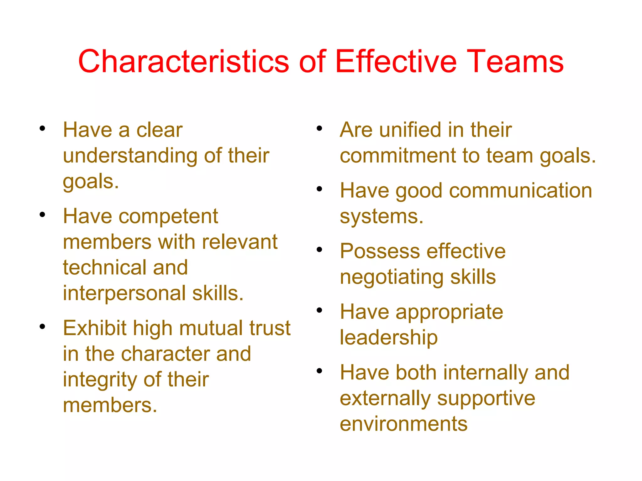 Characteristics of Effective Teams
• Have a clear                • Are unified in their
  understanding of their        commitment to team goals.
  goals.                      • Have good communication
• Have competent                systems.
  members with relevant       • Possess effective
  technical and                 negotiating skills
  interpersonal skills.
                              • Have appropriate
• Exhibit high mutual trust     leadership
  in the character and
  integrity of their          • Have both internally and
  members.                      externally supportive
                                environments
 