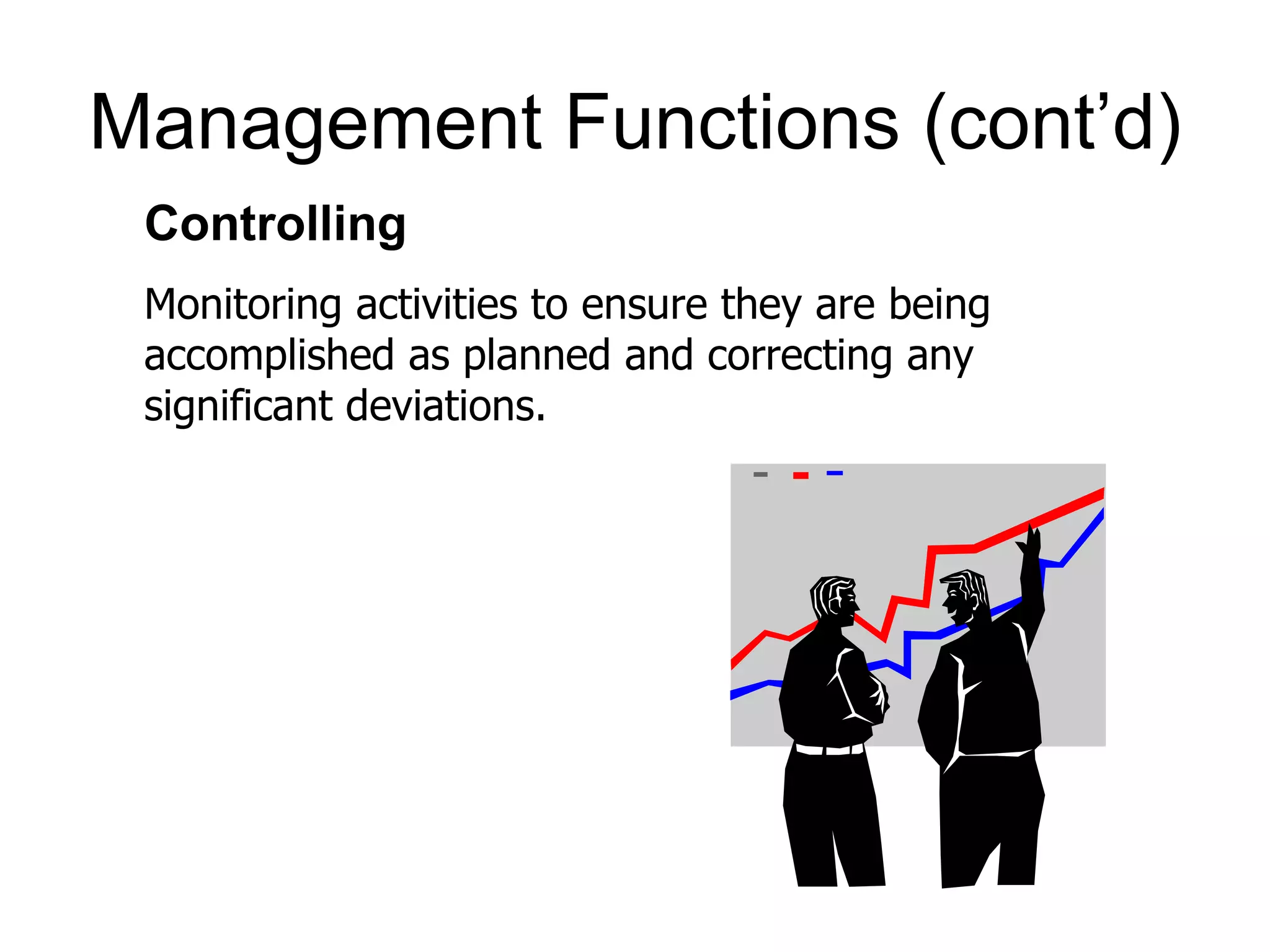 Management Functions (cont’d)
 Controlling
 Monitoring activities to ensure they are being
 accomplished as planned and correcting any
 significant deviations.
 