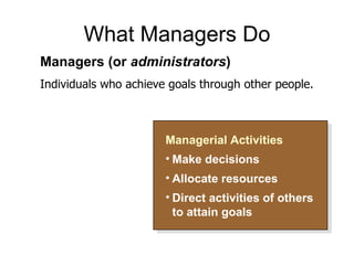 What Managers Do
Managers (or administrators)
Individuals who achieve goals through other people.



                       Managerial Activities
                       • Make decisions
                       • Allocate resources
                       • Direct activities of others
                         to attain goals
 