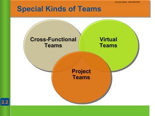 Chapter 10
Copyright ©2007 by South-Western, a division of Thomson Learning. All rights reserved
Purvish Shah - NAVIGATOR
Special Kinds of Teams
Cross-Functional
Teams
Cross-Functional
Teams
Virtual
Teams
Virtual
Teams
Project
Teams
Project
Teams
2.22.2
Purvish Shah - NAVIGATOR
 