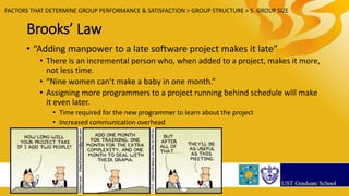 Brooks’ Law
• Group intercommunication formula:
N ( N – 1 ) / 2
Examples:
50 developers give 50 (50 – 1) / 2 = 1225 channe...