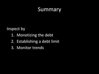 Summary


Inspect by
   1. Monetizing the debt
   2. Establishing a debt limit
   3. Monitor trends
 
