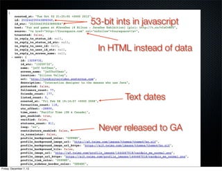 53-bit ints in javascript

                           In HTML instead of data




                                  Text dates


                           Never released to GA



Friday, December 7, 12
 
