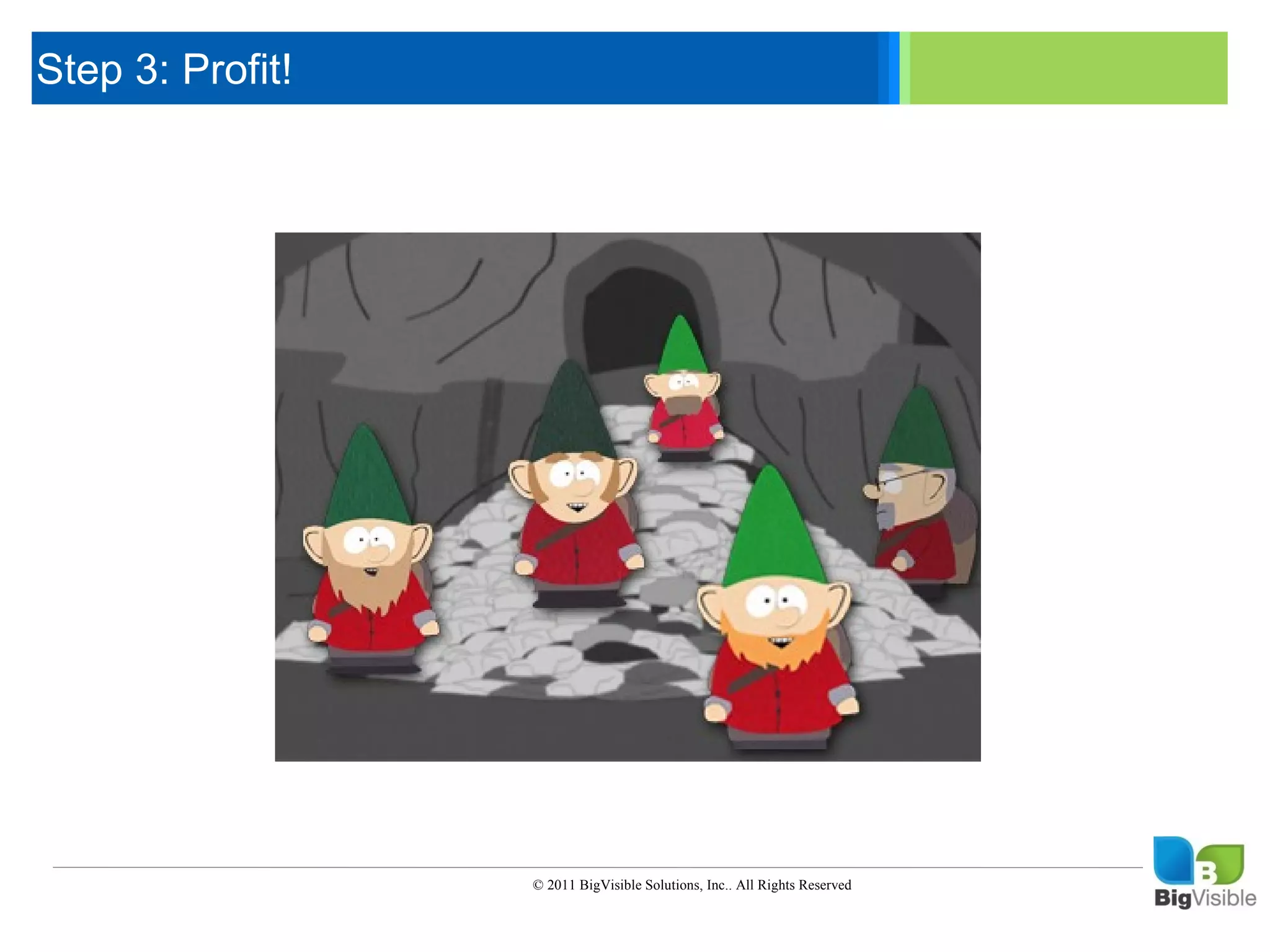 Step 3: Profit!

     Click to edit Master text styles
     ____ __ ____ _____ ____ ______
      _____ _____
     Second level
      ____ _____
     Third level
      _____ _____
     Fourth level
      ____ _____
     Fifth level




                             © 2011 BigVisible Solutions, Inc.. All Rights Reserved


1
 