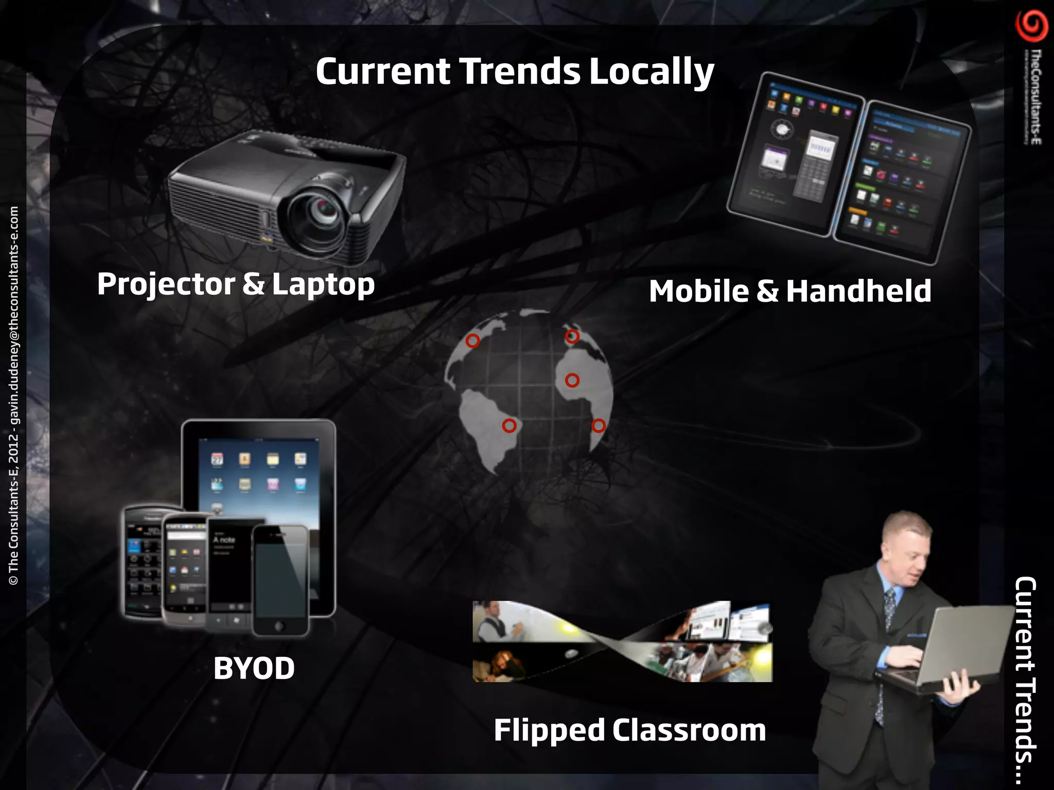 ©TheConsultants-E,2012-gavin.dudeney@theconsultants-e.com
CurrentTrends...
BYOD
Flipped Classroom
Mobile & HandheldProjector & Laptop
Current Trends Locally
 