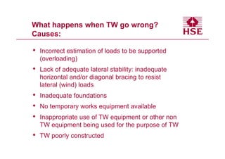 What happens when TW go wrong?
Causes:

•   Incorrect estimation of loads to be supported
    (overloading)
•   Lack of adequate lateral stability: inadequate
    horizontal and/or diagonal bracing to resist
    lateral (wind) loads
•   Inadequate foundations
•   No temporary works equipment available
•   Inappropriate use of TW equipment or other non
    TW equipment being used for the purpose of TW
•   TW poorly constructed
 