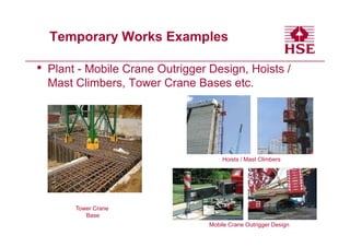 Temporary Works Examples

•   Plant - Mobile Crane Outrigger Design, Hoists /
    Mast Climbers, Tower Crane Bases etc.




                                       Hoists / Mast Climbers




         Tower Crane
            Base
                                   Mobile Crane Outrigger Design
 