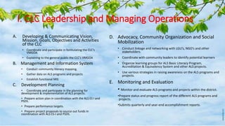 I. CLC Leadership and Managing Operations
A. Developing & Communicating Vision,
Mission, Goals, Objectives and Activities
of the CLC
• Coordinate and participate in formulating the CLC’s
VMGOA
• Explaining to the general public the CLC’s VMGOA
B. Management and Information System
• Conduct community literacy mapping.
• Gather data on ALS programs and projects
• Establish functional MIS
C. Development Planning
• Coordinate and participate in the planning for
development & implementation of ALS projects.
• Prepare action plan in coordination with the ALS ES I and
PSDS.
• Prepare performance targets.
• Prepare project proposals to source out funds in
coordination with ALS ES-I and PSDS.
D. Advocacy, Community Organization and Social
Mobilization
• Conduct linkage and networking with LGU’s, NGO’s and other
stakeholders.
• Coordinate with community leaders to identify potential learners
• Organize learning groups for ALS Basic Literacy Program,
Accreditation & Equivalency System and other ALS projects.
• Use various strategies in raising awareness on the ALS programs and
projects.
E. Monitoring and Evaluation
• Monitor and evaluate ALS programs and projects within the district.
•Prepare status and progress report of the different ALS programs and
projects.
•Submits quarterly and year-end accomplishment reports.
 
