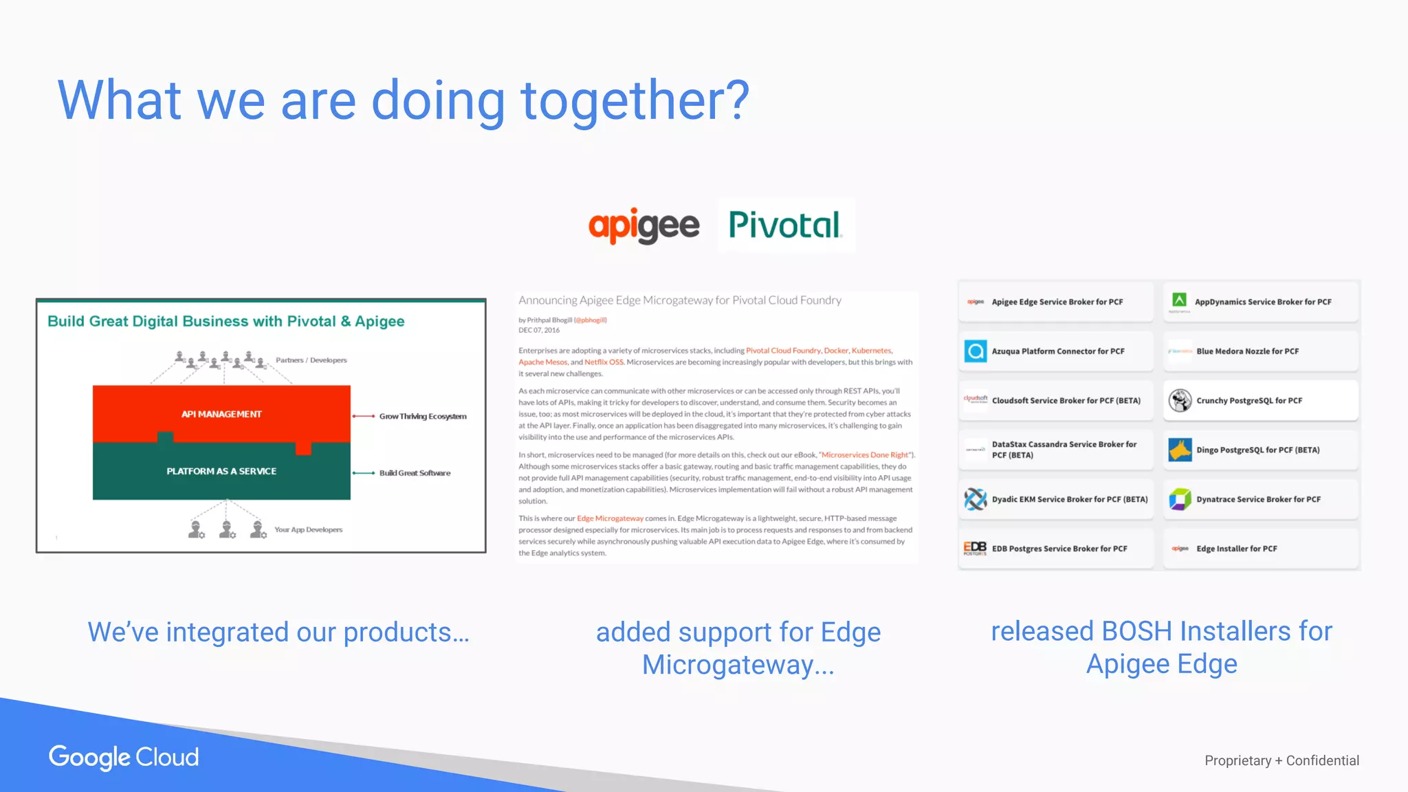Proprietary + Confidential
What we are doing together?
added support for Edge
Microgateway...
We’ve integrated our products… released BOSH Installers for
Apigee Edge
 