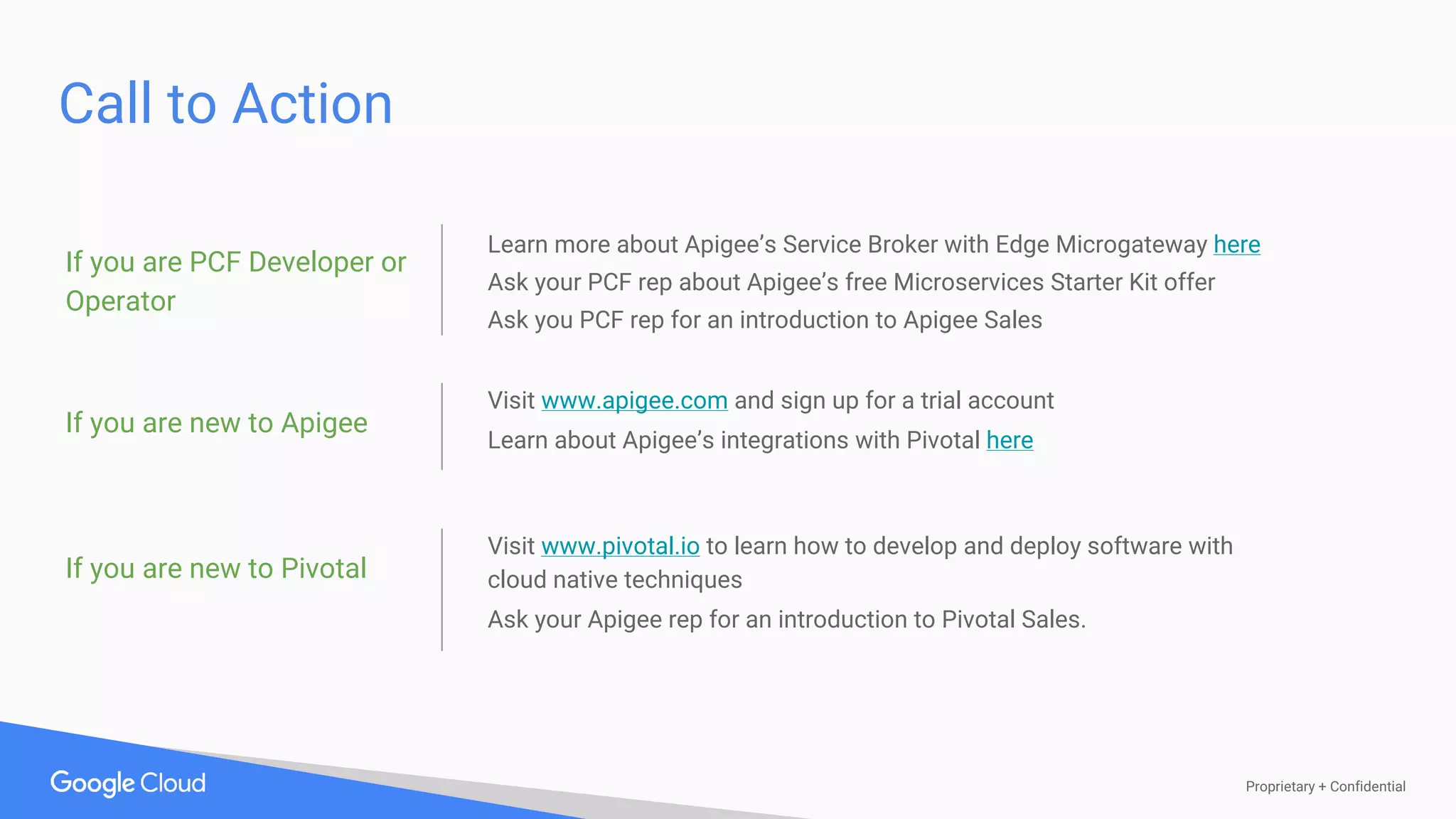 Proprietary + Confidential
Call to Action
Visit www.apigee.com and sign up for a trial account
Learn about Apigee’s integrations with Pivotal here
If you are new to Apigee
Learn more about Apigee’s Service Broker with Edge Microgateway here
Ask your PCF rep about Apigee’s free Microservices Starter Kit offer
Ask you PCF rep for an introduction to Apigee Sales
If you are PCF Developer or
Operator
Visit www.pivotal.io to learn how to develop and deploy software with
cloud native techniques
Ask your Apigee rep for an introduction to Pivotal Sales.
If you are new to Pivotal
 