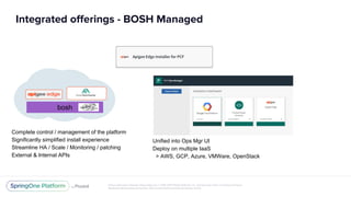 Unless otherwise indicated, these slides are © 2013-2017 Pivotal Software, Inc. and licensed under a Creative Commons
Attribution-NonCommercial license: http://creativecommons.org/licenses/by-nc/3.0/
Integrated offerings - BOSH Managed
bosh
Complete control / management of the platform
Significantly simplified install experience
Streamline HA / Scale / Monitoring / patching
External & Internal APIs
Unified into Ops Mgr UI
Deploy on multiple IaaS
> AWS, GCP, Azure, VMWare, OpenStack
 