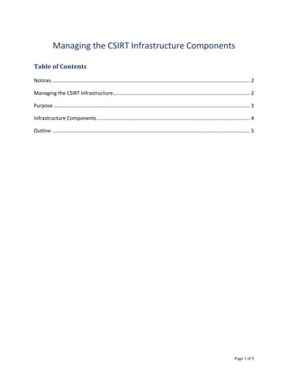 Managing the CSIRT Infrastructure Components
Table of Contents
Notices ............................................................................................................................................ 2
Managing the CSIRT Infrastructure................................................................................................. 2
Purpose ........................................................................................................................................... 3
Infrastructure Components ............................................................................................................ 4
Outline ............................................................................................................................................ 5
Page 1 of 5
 