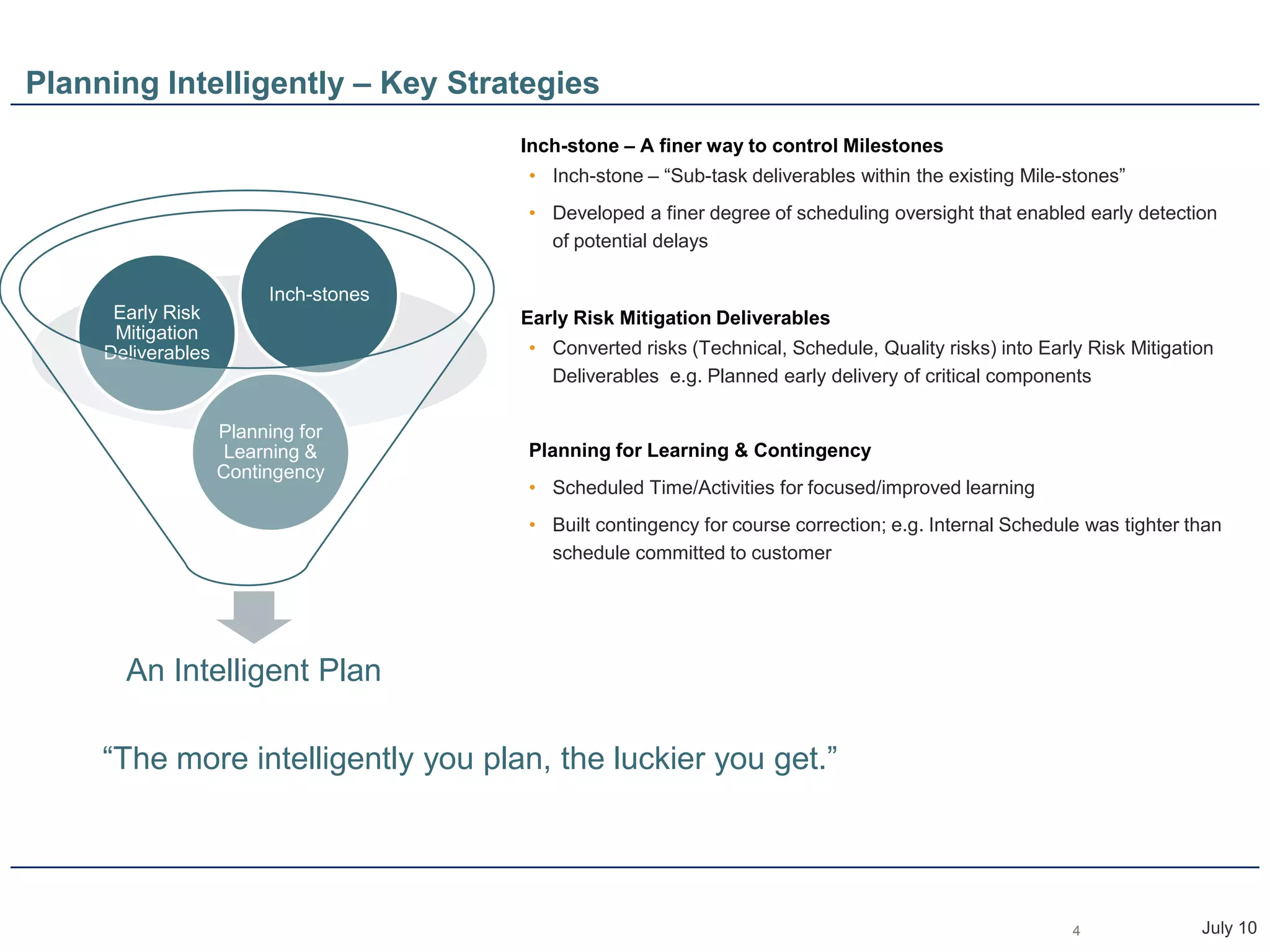 Planning Intelligently – Key StrategiesInch-stone – A finer way to control MilestonesInch-stone – “Sub-task deliverables within the existing Mile-stones”