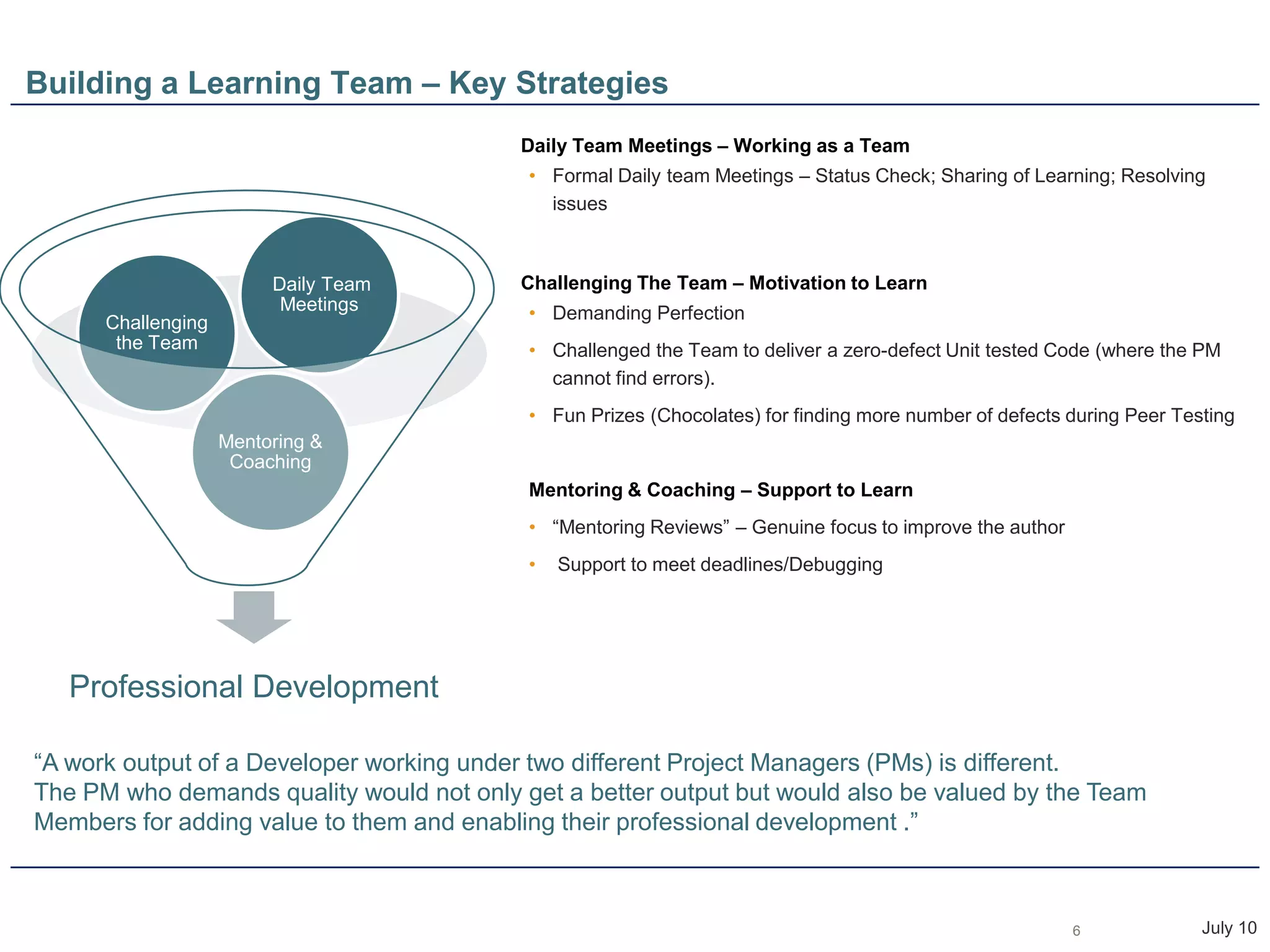 Built contingency for course correction; e.g. Internal Schedule was tighter than schedule committed to customer“The more intelligently you plan, the luckier you get.”July 10