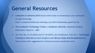 ● Computers in Libraries 2015 had an entire track on connecting to your community
through technology.
(http://computersinlibraries.infotoday.com/2015/Wednesday.aspx#Track-B)
● The Accidental Technology Trainer: A Guide for Libraries, Stephanie Gerding,
Information Today Inc., 2007.
● The Tech Set, #1-10 (2010) and #11-20 (2012), ALA TechSource. From Set 1, Technology
Training in Libraries by Sarah Houghton and Library Camps and Unconferences by
Steve Lawson offer suggestions for training structures outside the norm.
General Resources
 