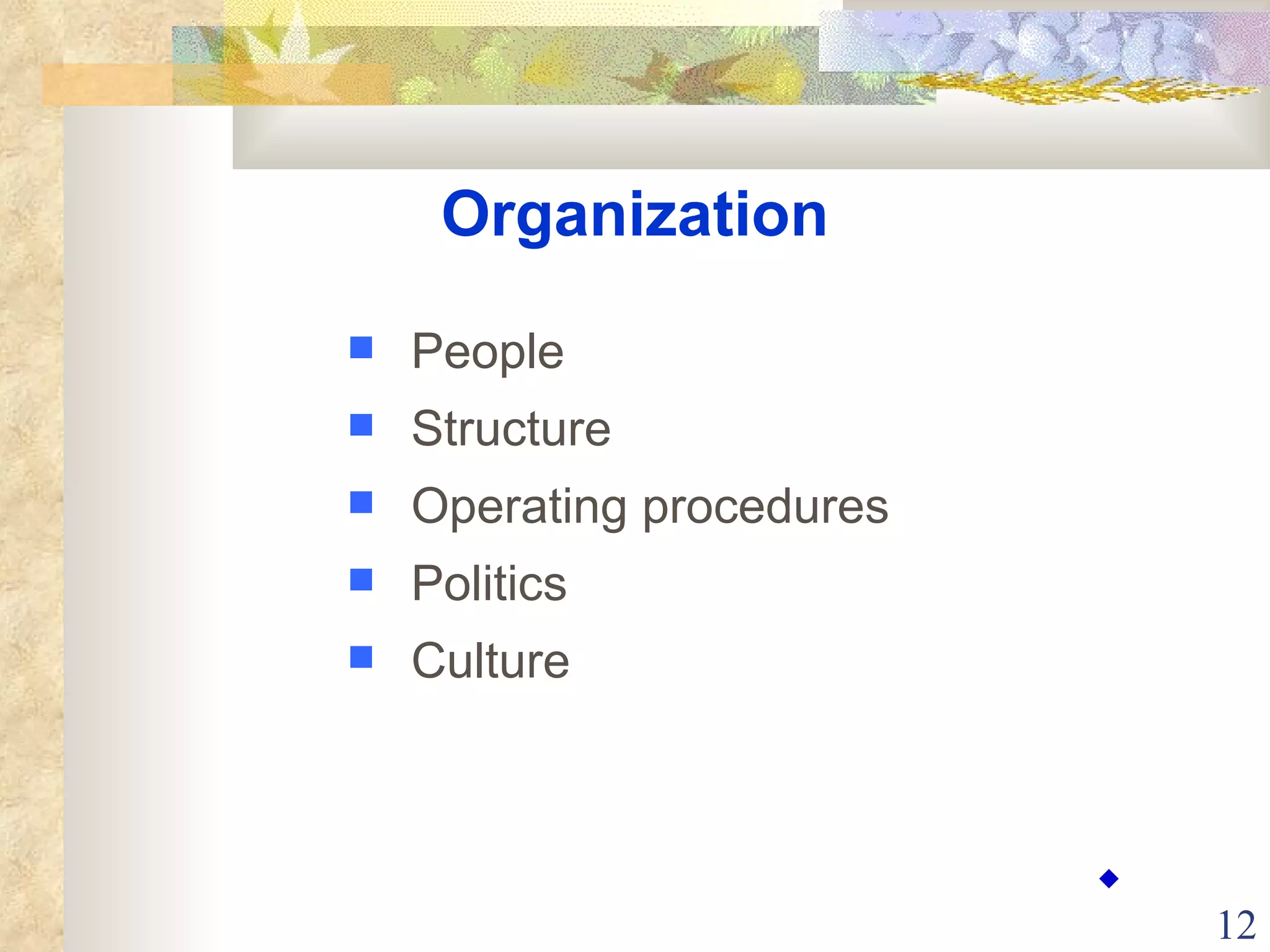 Organization People Structure Operating procedures Politics Culture ◆ 