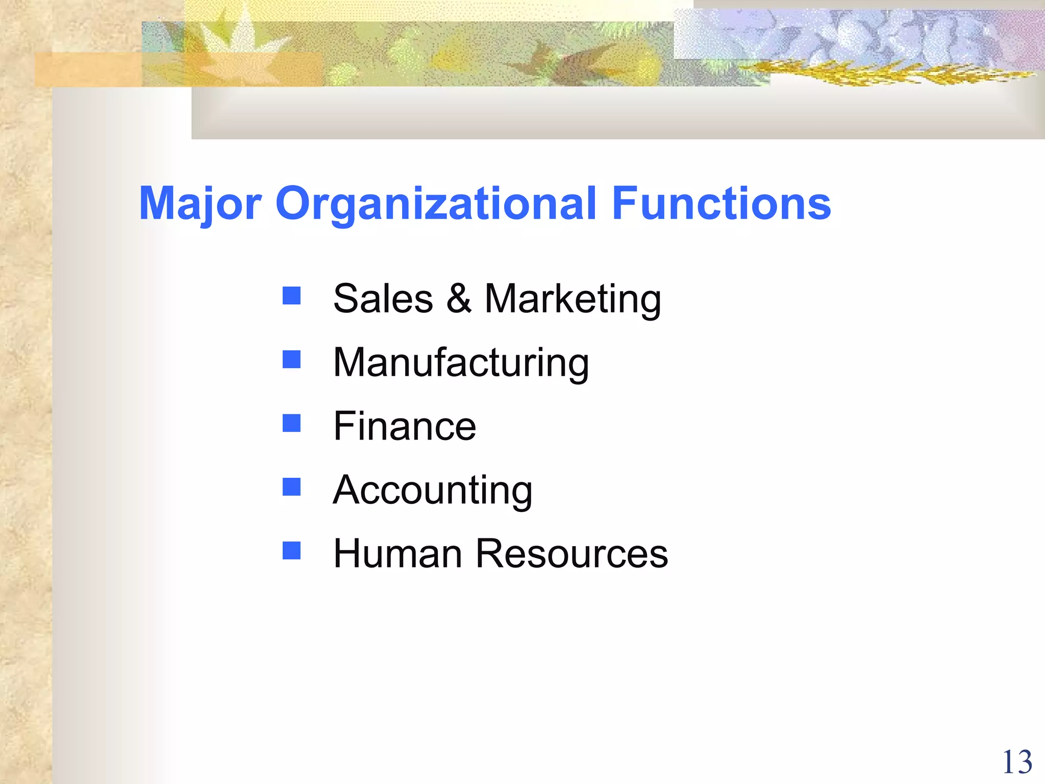 Major Organizational Functions Sales & Marketing Manufacturing Finance Accounting Human Resources 