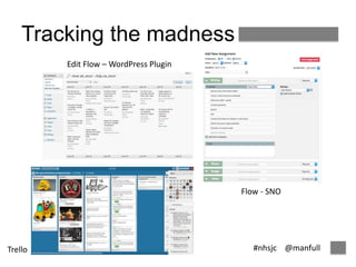 #nhsjc @manfull 
Tracking the madness 
Trello 
Edit Flow – WordPress Plugin 
Flow - SNO 
 