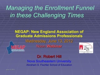 Managing the Enrollment Funnel
 in these Challenging Times

                NEGAP: New England Association of
                Graduate Admissions Professionals
                    Wednesday, June 13, 2012
                          Noon Webinar

                              Dr. Robert Hill
                     Nova Southeastern University
                     Abraham S. Fischler School of Education
June 13, 2012                                                  1
 
