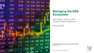 The business of sustainability
© Copyright 2019 by ERM Worldwide Group Limited and/or its affiliates (‘ERM’). All Rights Reserved.
No part of this work may be reproduced or transmitted in any form or by any means, without prior
written permission of ERM.
Managing the ESG
Ecosystem
Mike Wallace, Partner, ERM
Strategic Market Engagement
February 2021
 