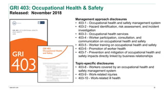 www.erm.com
GRI 403: Occupational Health & Safety
Released: November 2018
25
Management approach disclosures
• 403-1 - Occupational health and safety management system
• 403-2 - Hazard identification, risk assessment, and incident
investigation
• 403-3 - Occupational health services
• 403-4 - Worker participation, consultation, and
communication on occupational health and safety
• 403-5 - Worker training on occupational health and safety
• 403-6 - Promotion of worker health
• 403-7 - Prevention and mitigation of occupational health and
safety impacts directly linked by business relationships
Topic-specific disclosures
• 403-8 - Workers covered by an occupational health and
safety management system
• 403-9 - Work-related injuries
• 403-10 - Work-related ill health
 