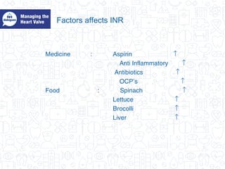 Factors affects INR
Medicine : Aspirin ↑
Anti Inflammatory ↑
Antibiotics ↑
OCP’s ↑
Food : Spinach ↑
Lettuce ↑
Brocolli ↑
Liver ↑
 