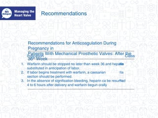 Recommendations
Recommendations for Anticoagulation During
Pregnancy in
Patients With Mechanical Prosthetic Valves: After the
36th
Week
Indication Class
1. Warfarin should be stopped no later than week 36 and heparin
substituted in anticipation of labor.
2. If labor begins treatment with warfarin, a caesarian
section should be performed.
3. In the absence of signification bleeding, heparin ca be resumed
4 to 6 hours after delivery and warfarin begun orally
IIa
IIa
IIa
 