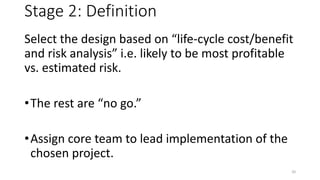 Stage 2: Definition
Select the design based on “life-cycle cost/benefit
and risk analysis” i.e. likely to be most profitable
vs. estimated risk.
•The rest are “no go.”
•Assign core team to lead implementation of the
chosen project.
20
 