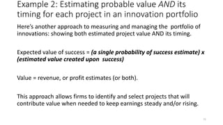 Example 2: Estimating probable value AND its
timing for each project in an innovation portfolio
Here’s another approach to measuring and managing the portfolio of
innovations: showing both estimated project value AND its timing.
Expected value of success = (a single probability of success estimate) x
(estimated value created upon success)
Value = revenue, or profit estimates (or both).
This approach allows firms to identify and select projects that will
contribute value when needed to keep earnings steady and/or rising.
72
 