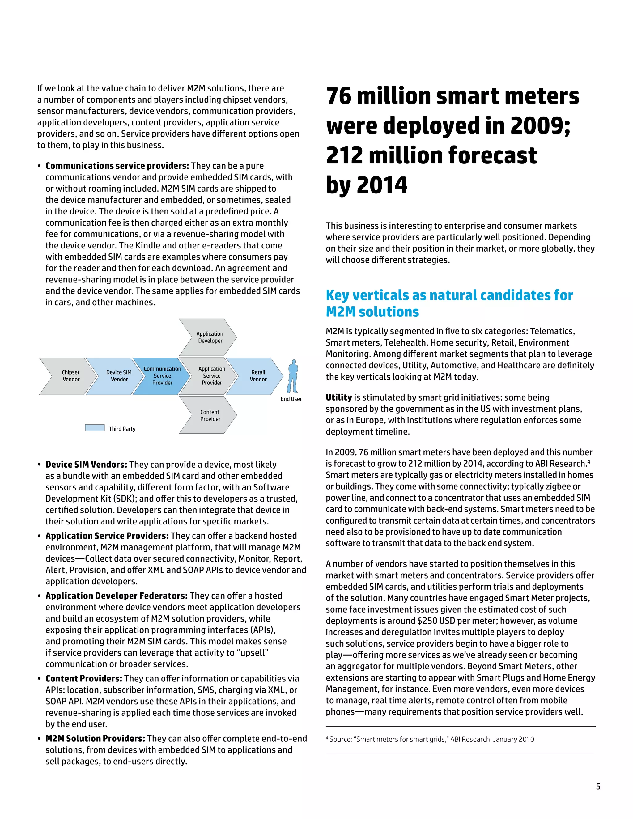 5
If we look at the value chain to deliver M2M solutions, there are
a number of components and players including chipset vendors,
sensor manufacturers, device vendors, communication providers,
application developers, content providers, application service
providers, and so on. Service providers have different options open
to them, to play in this business.
•	 Communications service providers: They can be a pure
communications vendor and provide embedded SIM cards, with
or without roaming included. M2M SIM cards are shipped to
the device manufacturer and embedded, or sometimes, sealed
in the device. The device is then sold at a predefined price. A
communication fee is then charged either as an extra monthly
fee for communications, or via a revenue-sharing model with
the device vendor. The Kindle and other e-readers that come
with embedded SIM cards are examples where consumers pay
for the reader and then for each download. An agreement and
revenue‑sharing model is in place between the service provider
and the device vendor. The same applies for embedded SIM cards
in cars, and other machines.
Chipset
Vendor
Device SIM
Vendor
Communication
Service
Provider
Application
Service
Provider
Retail
Vendor
Application
Developer
Content
Provider
End User
Third Party
•	 Device SIM Vendors: They can provide a device, most likely
as a bundle with an embedded SIM card and other embedded
sensors and capability, different form factor, with an Software
Development Kit (SDK); and offer this to developers as a trusted,
certified solution. Developers can then integrate that device in
their solution and write applications for specific markets.
•	 Application Service Providers: They can offer a backend hosted
environment, M2M management platform, that will manage M2M
devices—Collect data over secured connectivity, Monitor, Report,
Alert, Provision, and offer XML and SOAP APIs to device vendor and
application developers.
•	 Application Developer Federators: They can offer a hosted
environment where device vendors meet application developers
and build an ecosystem of M2M solution providers, while
exposing their application programming interfaces (APIs),
and promoting their M2M SIM cards. This model makes sense
if service providers can leverage that activity to “upsell”
communication or broader services.
•	 Content Providers: They can offer information or capabilities via
APIs: location, subscriber information, SMS, charging via XML, or
SOAP API. M2M vendors use these APIs in their applications, and
revenue-sharing is applied each time those services are invoked
by the end user.
•	 M2M Solution Providers: They can also offer complete end‑to‑end
solutions, from devices with embedded SIM to applications and
sell packages, to end-users directly.
This business is interesting to enterprise and consumer markets
where service providers are particularly well positioned. Depending
on their size and their position in their market, or more globally, they
will choose different strategies.
Key verticals as natural candidates for
M2M solutions
M2M is typically segmented in five to six categories: Telematics,
Smart meters, Telehealth, Home security, Retail, Environment
Monitoring. Among different market segments that plan to leverage
connected devices, Utility, Automotive, and Healthcare are definitely
the key verticals looking at M2M today.
Utility is stimulated by smart grid initiatives; some being
sponsored by the government as in the US with investment plans,
or as in Europe, with institutions where regulation enforces some
deployment timeline.
In 2009, 76 million smart meters have been deployed and this number
is forecast to grow to 212 million by 2014, according to ABI Research.4
Smart meters are typically gas or electricity meters installed in homes
or buildings. They come with some connectivity; typically zigbee or
power line, and connect to a concentrator that uses an embedded SIM
card to communicate with back-end systems. Smart meters need to be
configured to transmit certain data at certain times, and concentrators
need also to be provisioned to have up to date communication
software to transmit that data to the back end system.
A number of vendors have started to position themselves in this
market with smart meters and concentrators. Service providers offer
embedded SIM cards, and utilities perform trials and deployments
of the solution. Many countries have engaged Smart Meter projects,
some face investment issues given the estimated cost of such
deployments is around $250 USD per meter; however, as volume
increases and deregulation invites multiple players to deploy
such solutions, service providers begin to have a bigger role to
play—offering more services as we’ve already seen or becoming
an aggregator for multiple vendors. Beyond Smart Meters, other
extensions are starting to appear with Smart Plugs and Home Energy
Management, for instance. Even more vendors, even more devices
to manage, real time alerts, remote control often from mobile
phones—many requirements that position service providers well.
4
Source: “Smart meters for smart grids,” ABI Research, January 2010
76 million smart meters
were deployed in 2009;
212 million forecast
by 2014
 