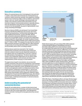 4
Executive summary
Billions of connected devices start to be deployed in the world with
e-readers, smart meters and connected cars, tracking devices on
containers, health monitoring, wearable, home appliances, building
infrastructure monitoring, bridge or dam surveillance, environment
sensors, and so on. Sensor technology is becoming smaller and
smaller; more and more sensitive and accelerometers are now
inserted on chipsets. Communication protocols, especially wireless,
have also developed in many directions to enable very diverse
scenarios from low bandwidth, low power to high bandwidth, more
energy consuming technologies.
Machine to Machine (M2M) is a broad domain if we include Radio
Frequency Identification (RFID) tags and consumer electronics
and a fast growing business. Communication technology, wired
with broadband and powerline, wireless with PAN, LAN and
WAN, and wireline and wireless WAN devices represents about
40 percent of overall M2M revenues. According to the independent
wireless analyst firm, Berg Insight, the number of cellular network
connections (wireless WAN) worldwide used for M2M communication
was 47.7 million in 2008.1
The company forecasts that the number of
M2M connections will grow to 187 million by 2014. Which represent
an opportunity of more than $50 billion USD for communications
service providers alone in 2015, according to Harbor.2
All those devices need to be connected to “the” network,
authenticated, provisioned, and monitored. Data needs to be
collected, analyzed, stored, secured, dispatched, presented, or
leveraged by some sort of applications or end users. Protocols
are still proprietary; heterogeneous. The device manufacturer
market is very fragmented. Applications are very diverse. Mass
market solutions appear in some verticals, but many unique
implementations remain necessary in certain domains.
The opportunity is huge for new solutions, new services that
combine connectivity, data and service management, and ecosystem
management. Service providers are uniquely positioned to serve this
market and deliver federated, trusted, and flexible environments
for device and application vendors to collaborate and deliver these
future solutions. Combining its communication, IT, and services
skills, with its vertical domain expertise, HP has implemented an
M2M solution that packages critical components required to speed
up deployment of service provider M2M infrastructure. This solution
is based on proven HP products and delivered by HP M2M Services’
practice teams, combining Communication, IT, and Vertical Service
Consultant Principals.
Understanding the potential of
connected devices
Besides PC and mobile phones, a number of other devices have
started to leverage wireless technology, particularly wireless WAN,
to interact with some remote applications. Fleet Management
solutions and other tracking and tracing applications have started
to develop.
Mobile World Congress 2012 was all about M2M. GSMA conducted
a study with Machine Research and published a forecast of
$4.5 trillion USD by 2020 for the connected devices market;
$2.5 trillion USD of this would come from sale of connected devices and
services, and half of it goes to operators. BMW, Nissan, Porsche, Ford,
and other Connected car demos proved that more and more vehicles
are now shipped with embedded SIM. Ford’s CEO even predicted that
by 2017–2025 cars will drive without human intervention. Something
that is relayed by ETSI ITS standard group. Regarding Healthcare,
Orange, Etisalat, and Qualcomm to name a few, presented mhealthcare
solutions for remote patient monitoring or baby birth mobile
assistance.3
Connected home was also a hot subject with Vodafone,
AT&T, and KT; and different vendors showing sensors, gateways,
and smart applications to control temperature, humidity, access, or
devices in the home or in buildings. Alliances are being formed between
operators: Telefonica and China Unicom, Orange and Sprint , and so on.
These initiatives have shown an inflection point in the industry where
volumes and complexity underscored the need for a more structured
and consolidated approach with some processes and solutions
that would guarantee some quality of service. Service providers
have clearly seen the opportunity to leverage their infrastructure
and capabilities to become a key player in that space, beyond the
opportunity to sell M2M SIM cards with an average ARPU of $5 USD.
AT&T, KPN, Rogers, Telcel/America Movil, and Jasper Wireless began
work on the creation of an M2M Web presence, to serve as a hub for
developers in the field of M2M communication electronics. Vodafone,
Verizon Wireless and nPhase announced a strategic alliance, which
will provide global M2M solutions that offer clients an easy way to
roll out M2M solutions across Europe and the US. More and more
CSPs build solutions and business units to focus on this market.
1
Source: “The Global Wireless M2M Market—4th Edition,” Berg Insight, April 2012
2
Source: “Creative M2M Partnerships Drive New Value For Wireless Carriers White Paper,”
Harbor Research, Inc., March 2011
3
Bill Ford Jr., Ford Executive Chairman, key note session at The GSMA Mobile World
Congress and Mobile World Live, February 2012. mobileworldlive.com/mwc12-ford
M2M Will Extend to an Enormous Device Population*
1+ Trillion
RFID/Sensors
RFID/Sensors include:
Location
Humidity
Temperature
Vibration
Liquid
Weight
etc.
*Forecast of installed base, 2010
Source: Focal Point Group
Info Devices include:
Mobile Phones, PDAs,
Web Tablets, etc.
300 Million
Personal
Computers
500 Billion
Microprocessors
Processors include:
4–64+ bit, etc
2 Billion
Smart Devices
Smart Devices include:
Appliances
Machinery
Vehicles
Building Equipment
etc.
1 Billion
Info Devices
 